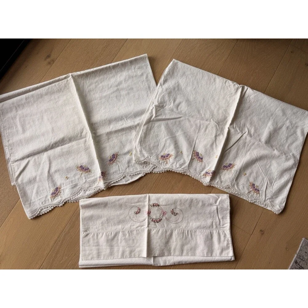 Vintage Handmade Embroidered Standard Pillowcases Lot 3 Floral ￼